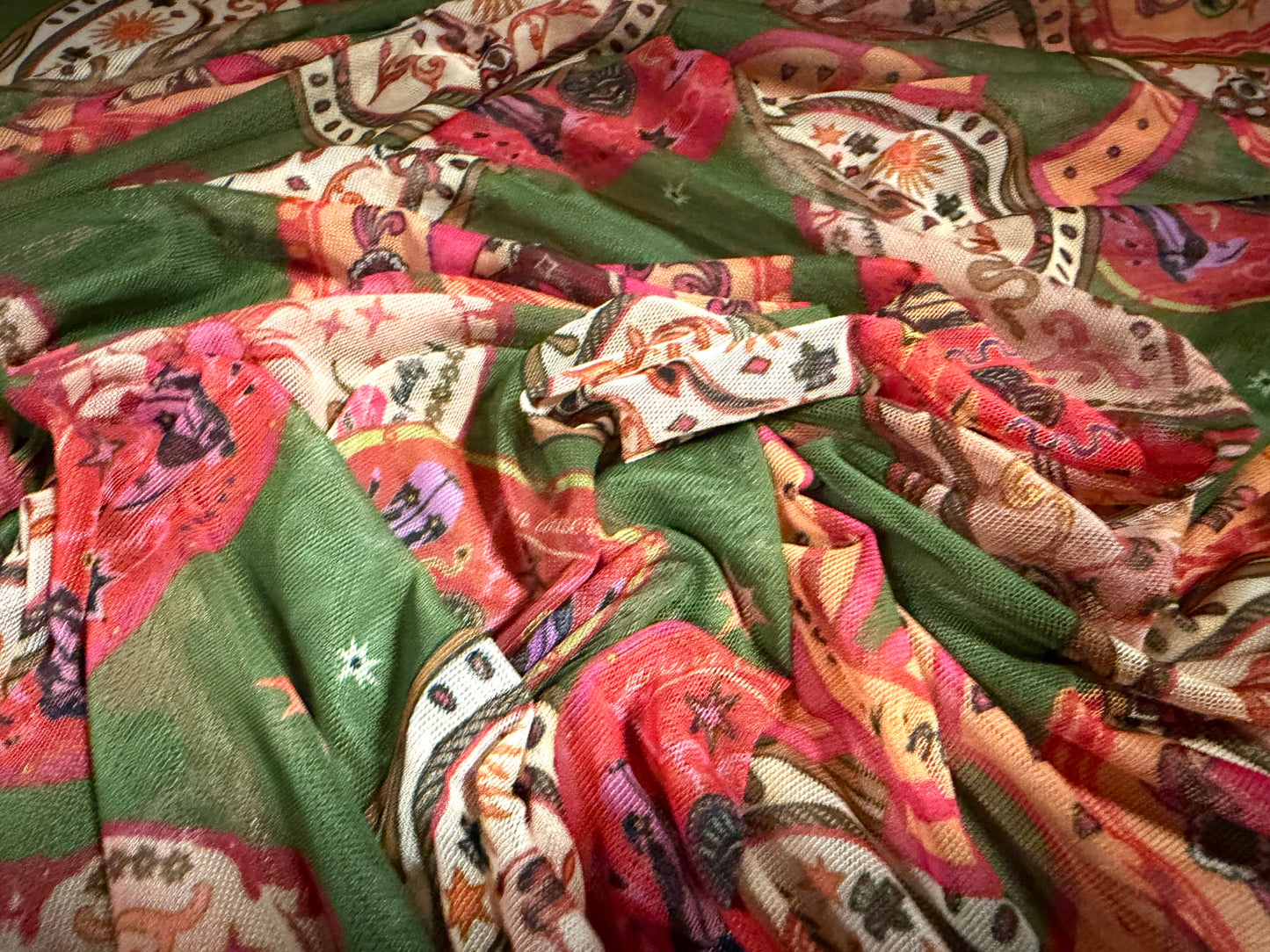 Power mesh net stretch spandex fabric, per metre - lucky horseshoe print - pink & olive green