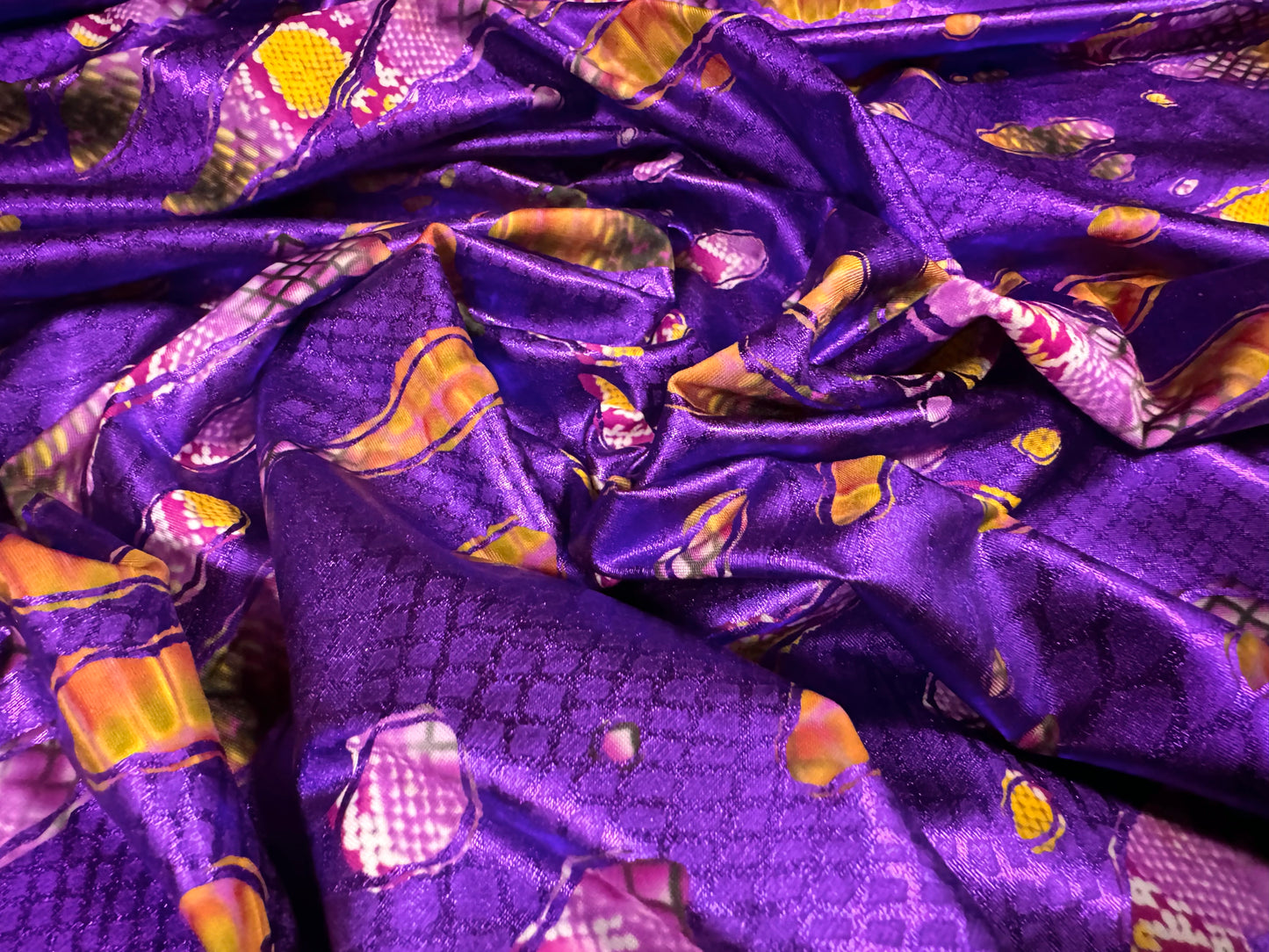 Metallic lamé stretch spandex jersey fabric, per metre - distressed snakeskin print - purple