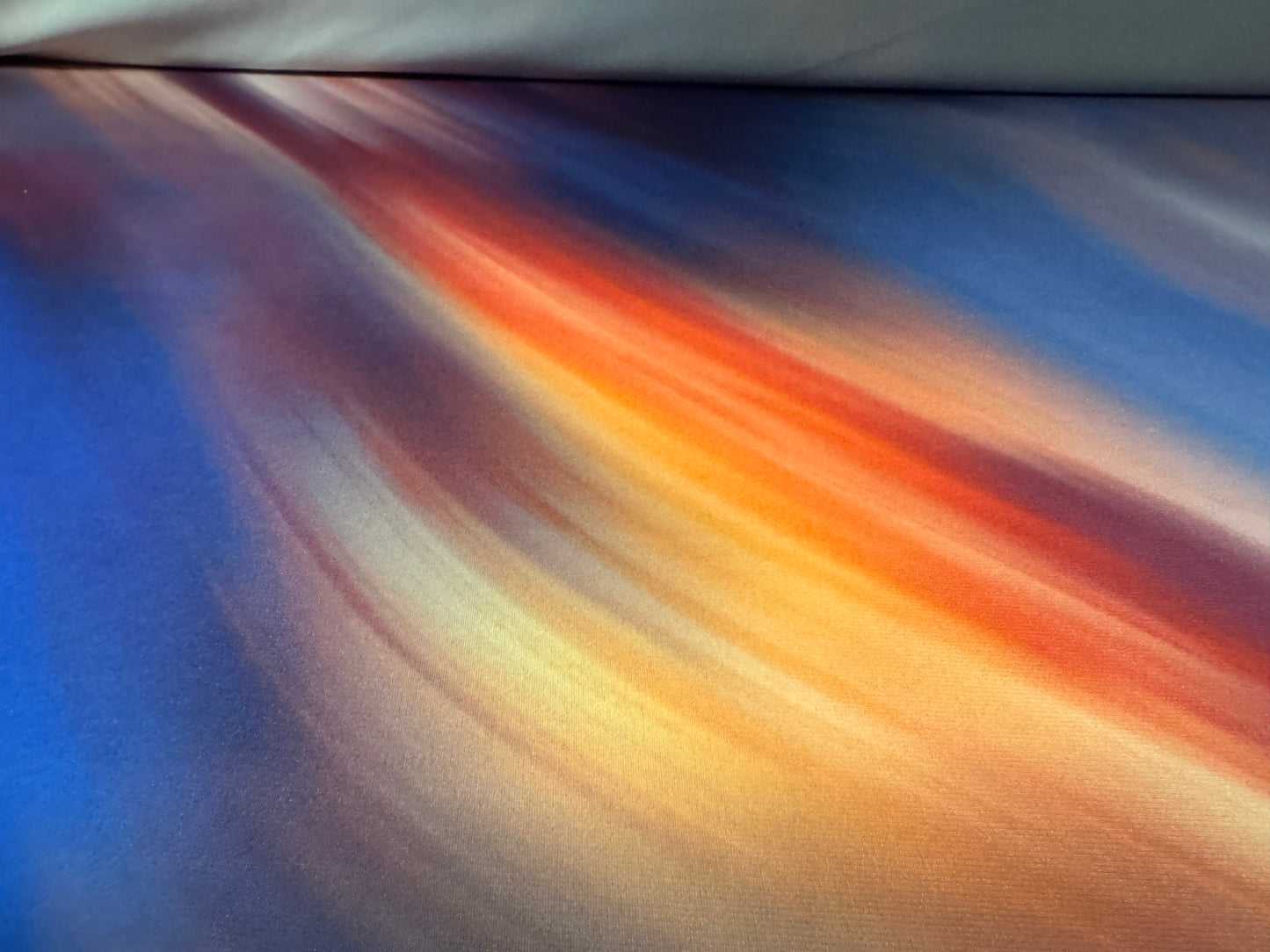 ITY stretch spandex single jersey fabric, per metre - high cloud sunset print - blue & orange