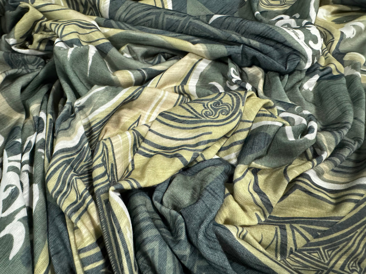 Single jersey slub fabric, per metre - stylised ocean waves print - olive green