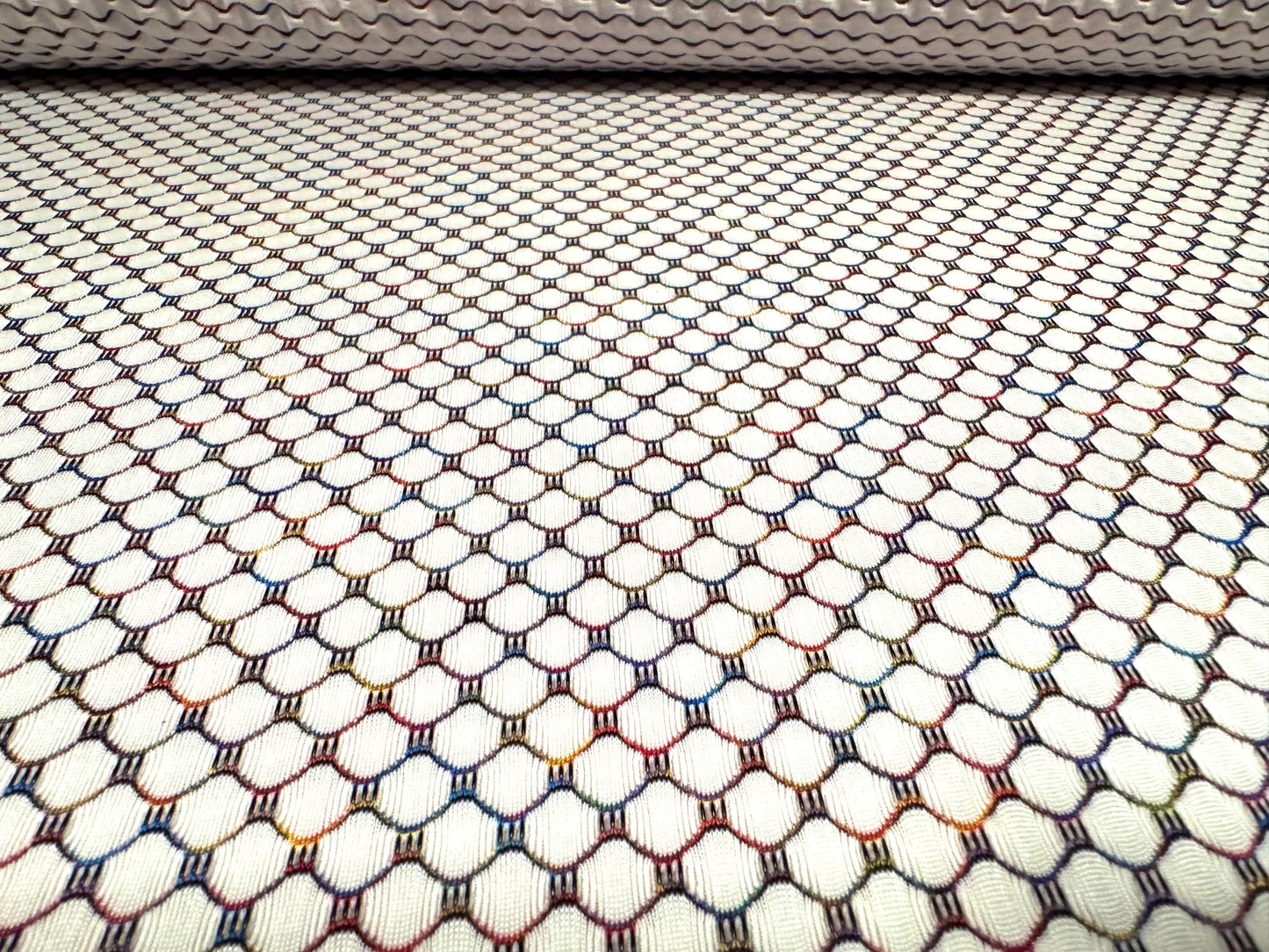 Stretch spandex double jersey fabric, per metre - rainbow hexagon jacquard - white