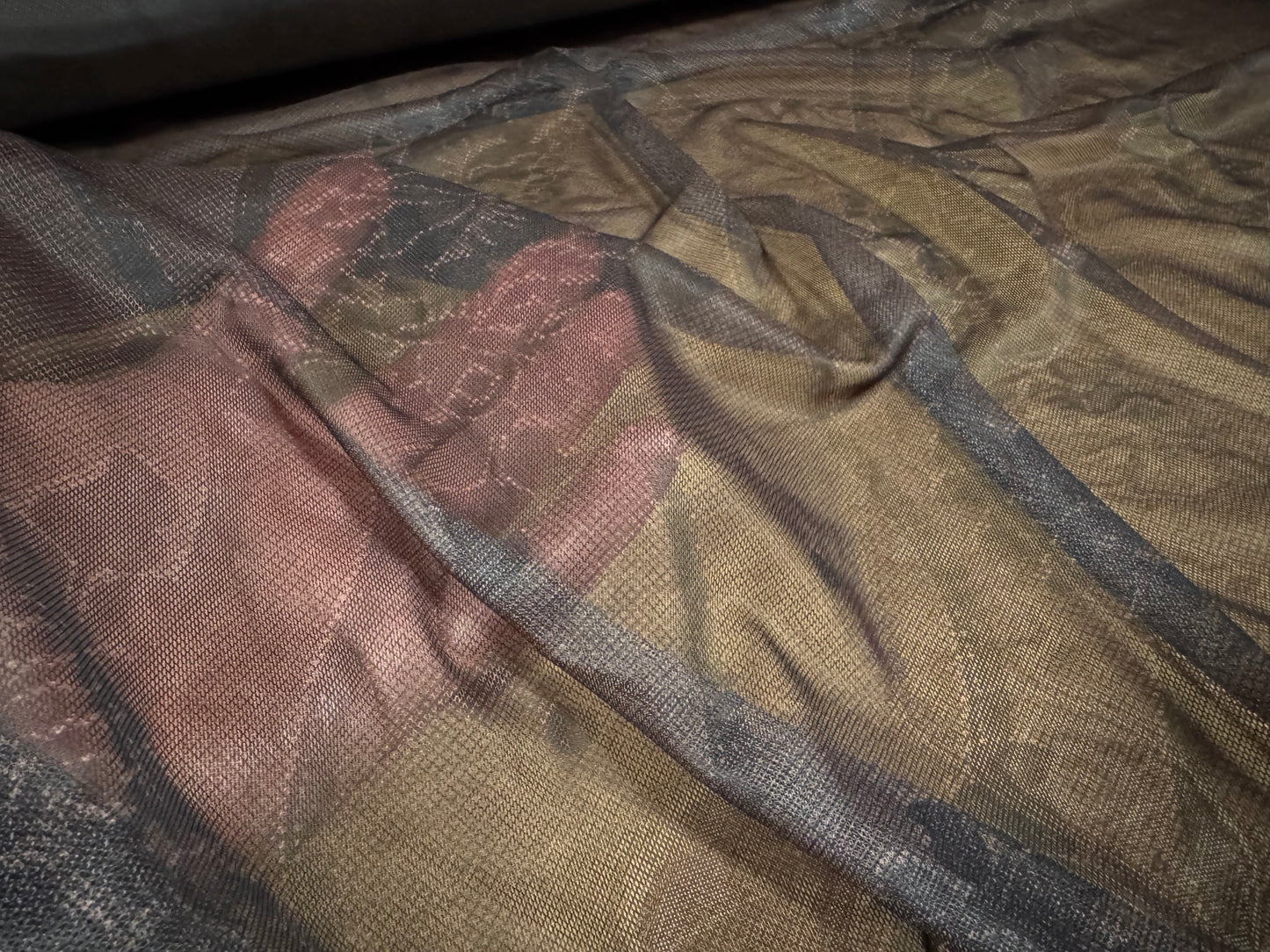 Power mesh net stretch spandex fabric, per metre - damask shadow print - dark taupe