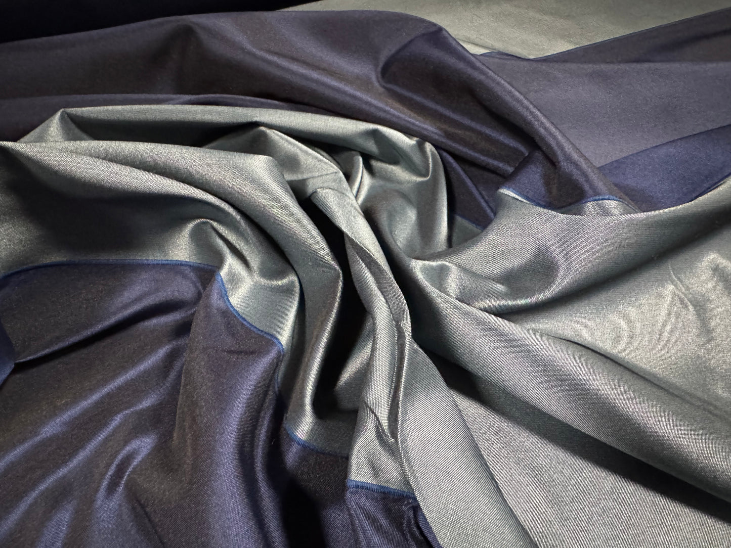 Taffeta faux silk fabric - broad stripe - navy & steel blue