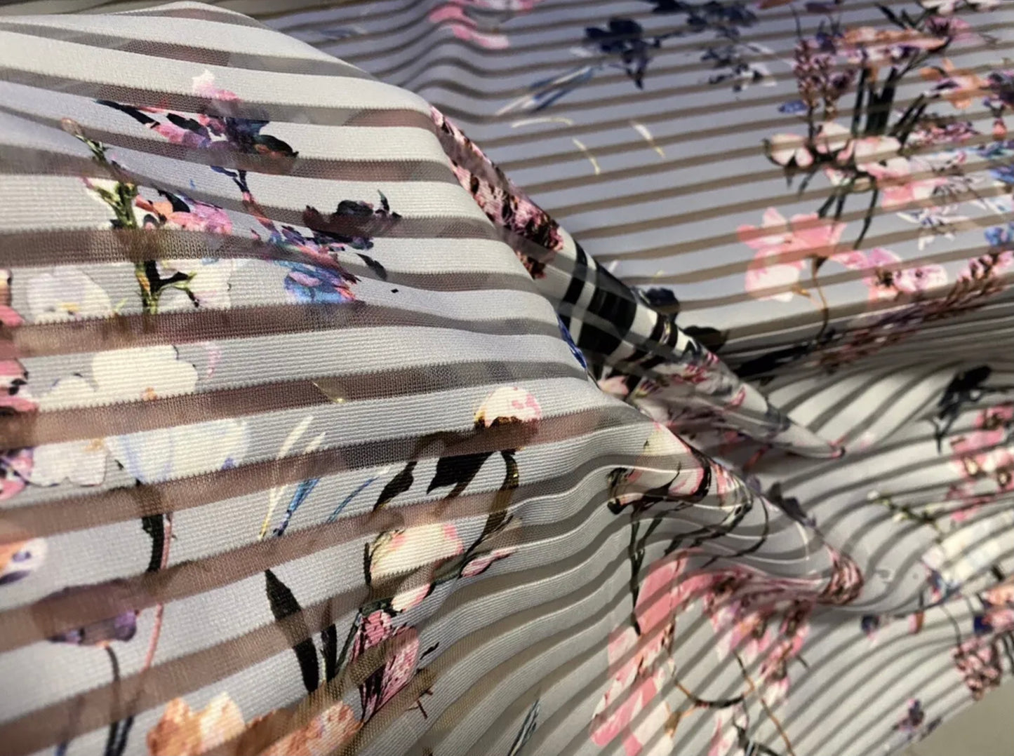 Ottoman rib burnout stripe jersey fabric , per metre - orchid flower print - grey & pink