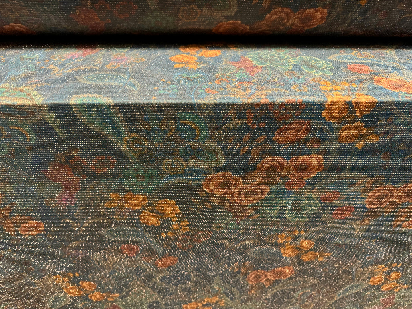 Metallic slinky spandex stretch jersey fabric with gold lurex, per metre - paisley floral print - blue grey & peach
