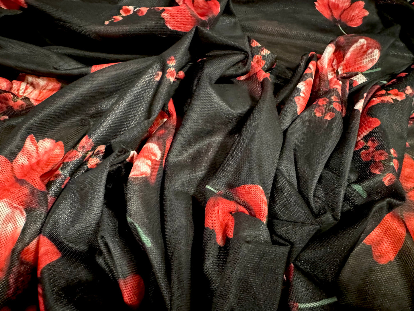 Power mesh net stretch spandex fabric, per metre - flower print - black & red