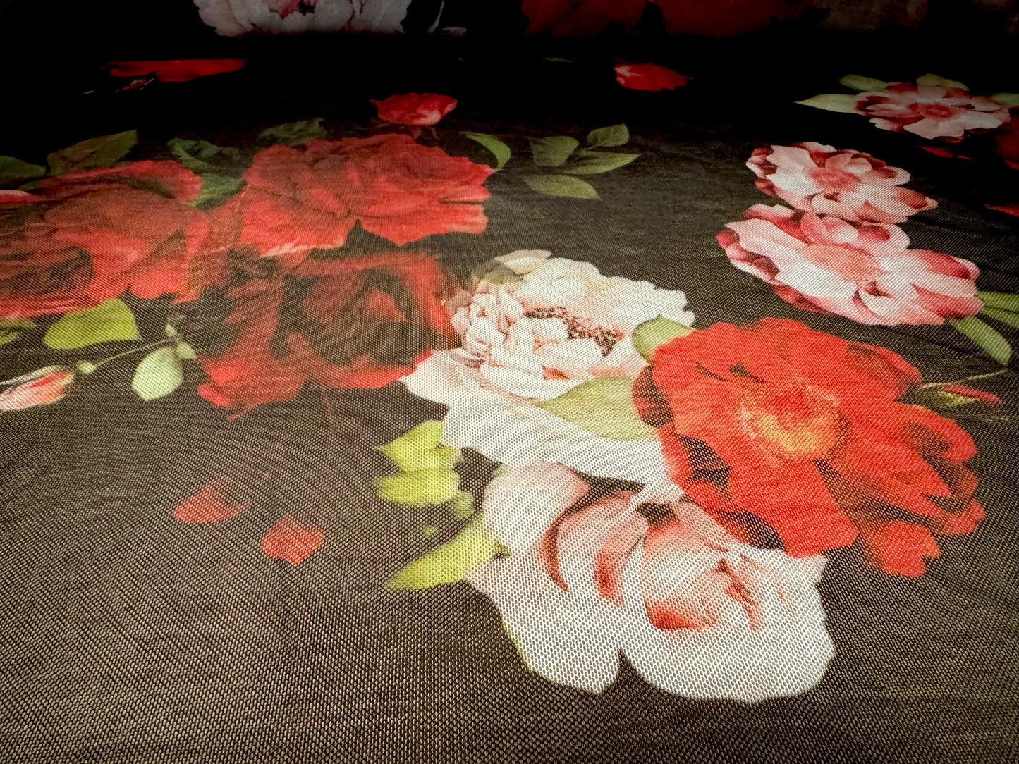Power mesh net stretch spandex fabric, per metre - English Rose print - black & red