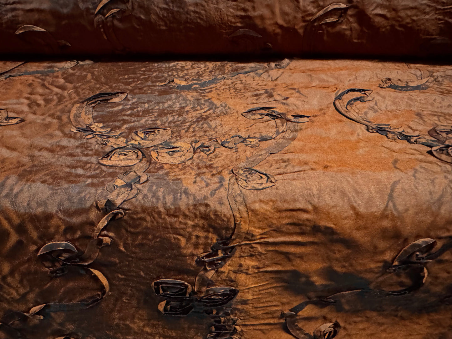 Taffeta faux silk fabric, per metre - floral ribbon appliqué - copper