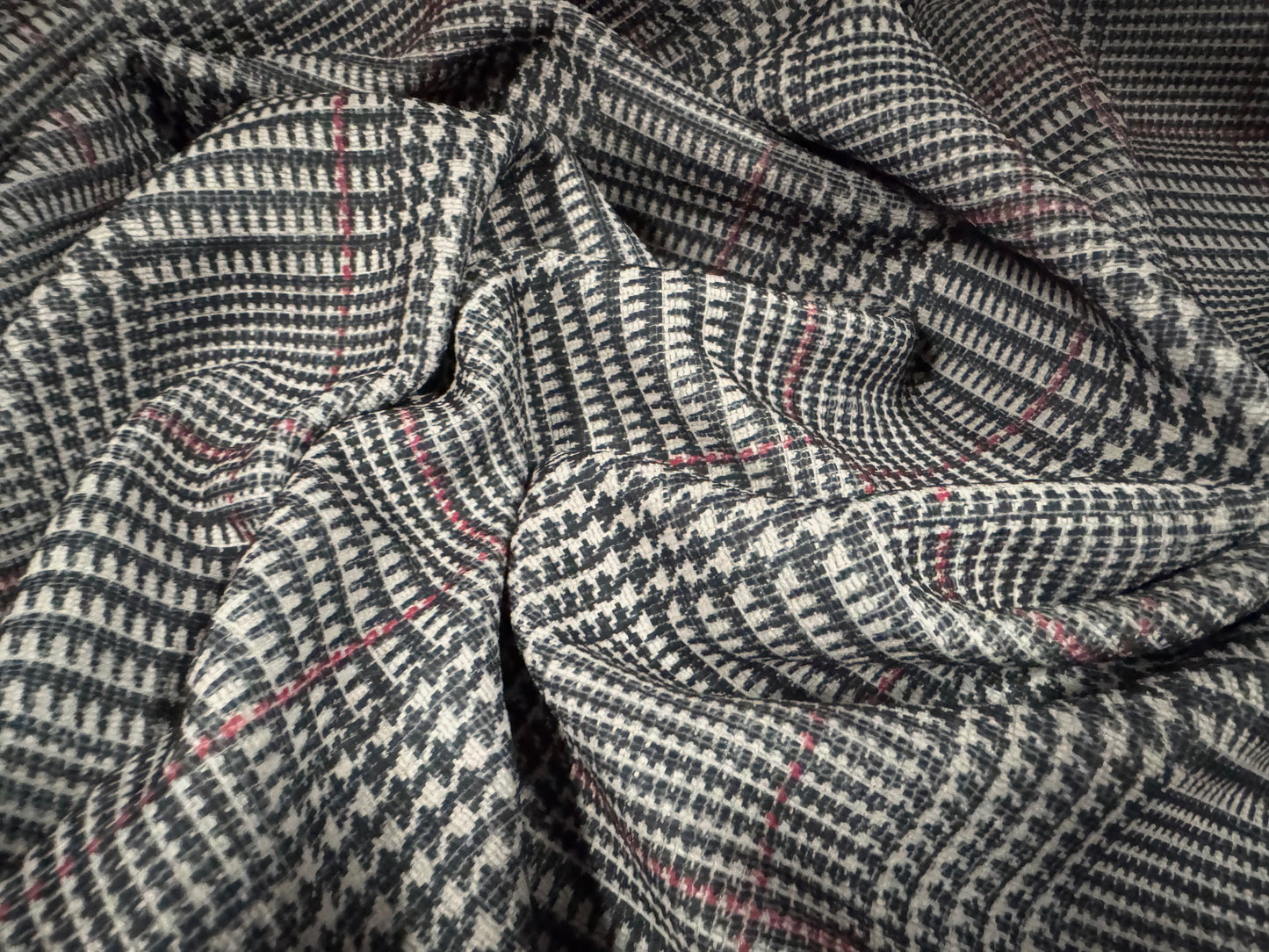 Chenille upholstery fabric, per metre - dogtooth check print - grey & red