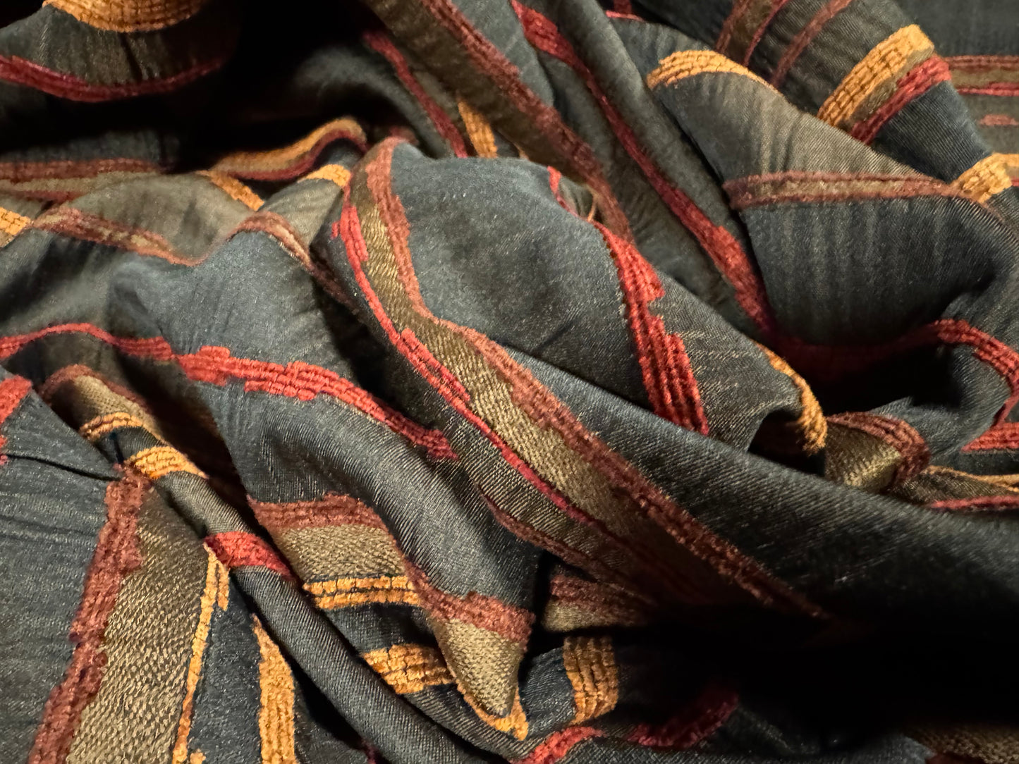 Taffeta fabric - yarn dyed chenille stripe, per metre - black & terracotta