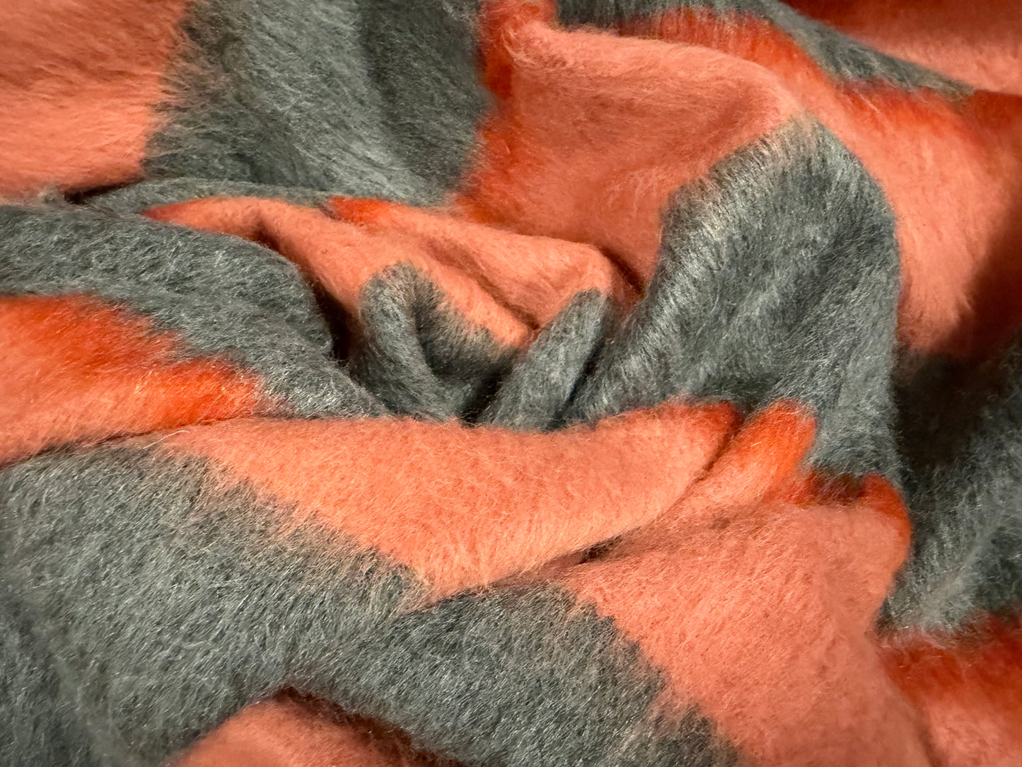 Wool faux fur fabric, per metre - ombré stripe - salmon & grey