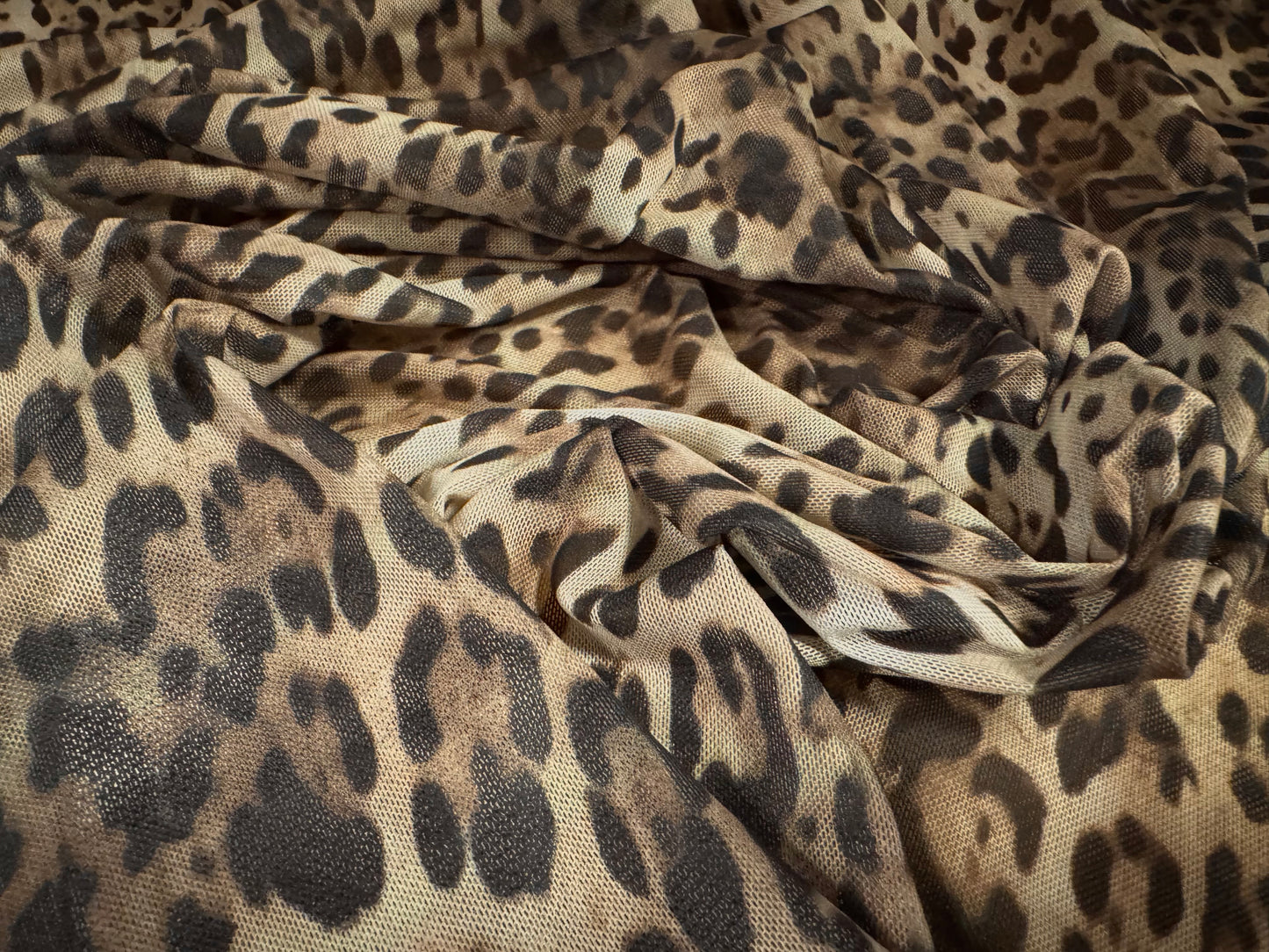 Power mesh net stretch spandex fabric, per metre - ocelot animal print - taupe & beige
