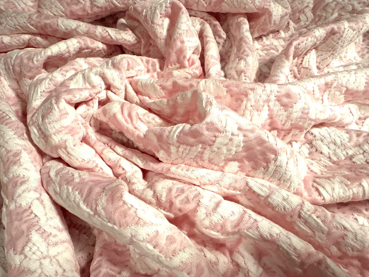 Stretch spandex double jersey fabric, per metre - floral blister jacquard - pink & white