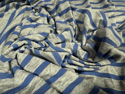 Stretch viscose blend single jersey fabric, per metre - stripe - grey marl & hyacinth blue