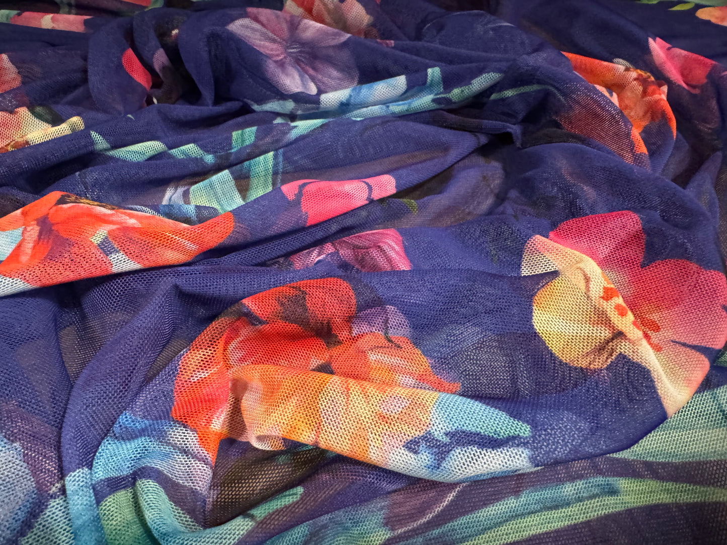 Power mesh net stretch spandex fabric, per metre - orchid flower print - ultramarine