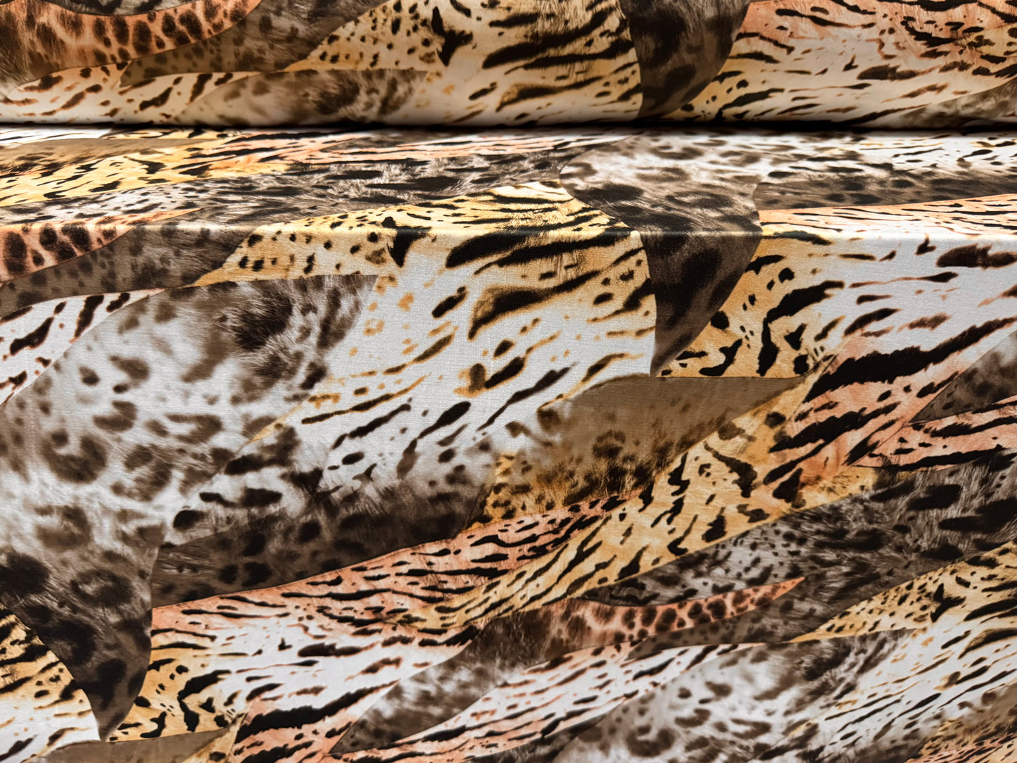 Soft touch stretch spandex single jersey fabric, per metre - animal collage - beige & gold