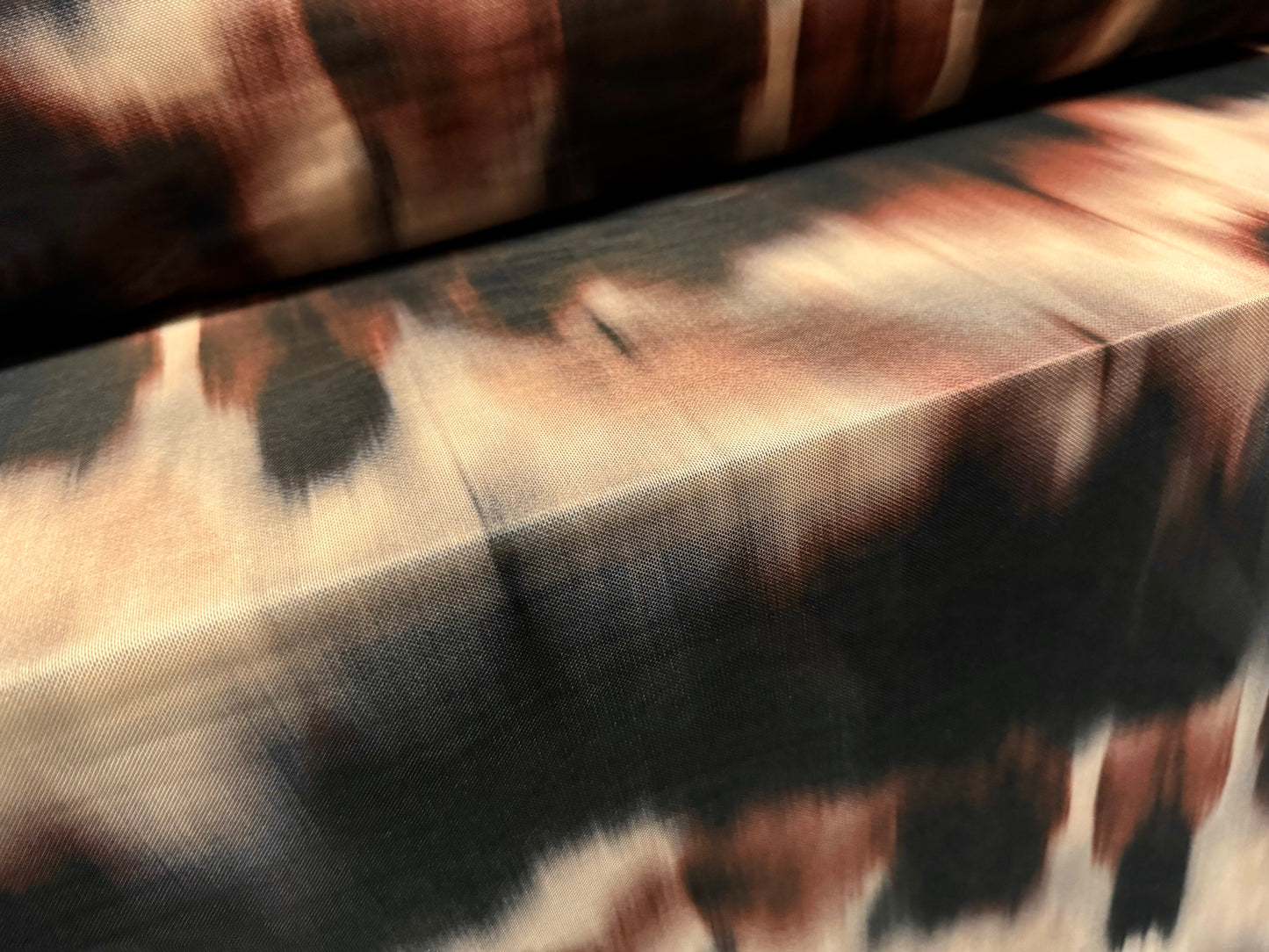 Power mesh net stretch spandex fabric, per metre - moody tie dye print - brown & cream