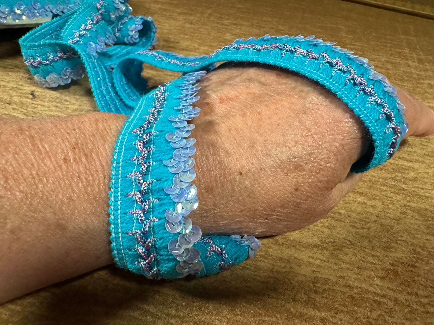 Stretch embroidered edging trim fabric with sequins, per metre - turquoise & lilac