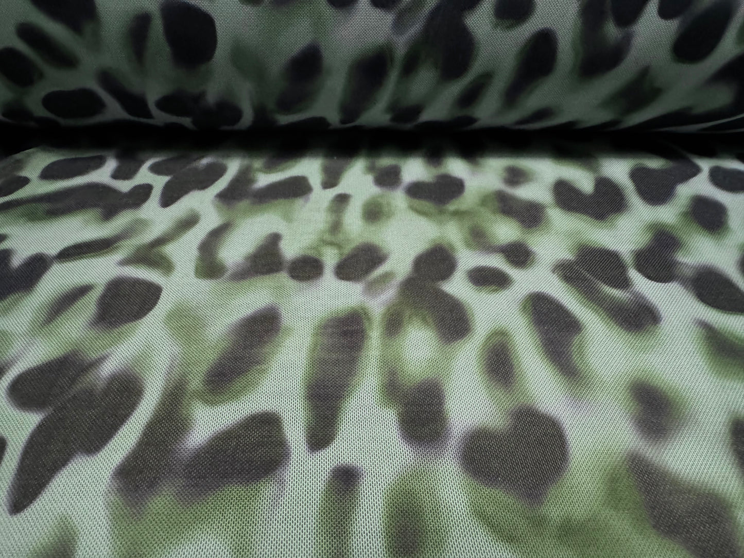Power mesh net stretch spandex fabric, per metre - smudged leopard print - duck egg