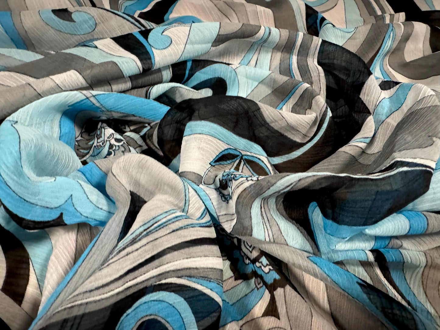 Yoryu chiffon woven dress fabric, per metre - floral swirl print - turquoise & grey