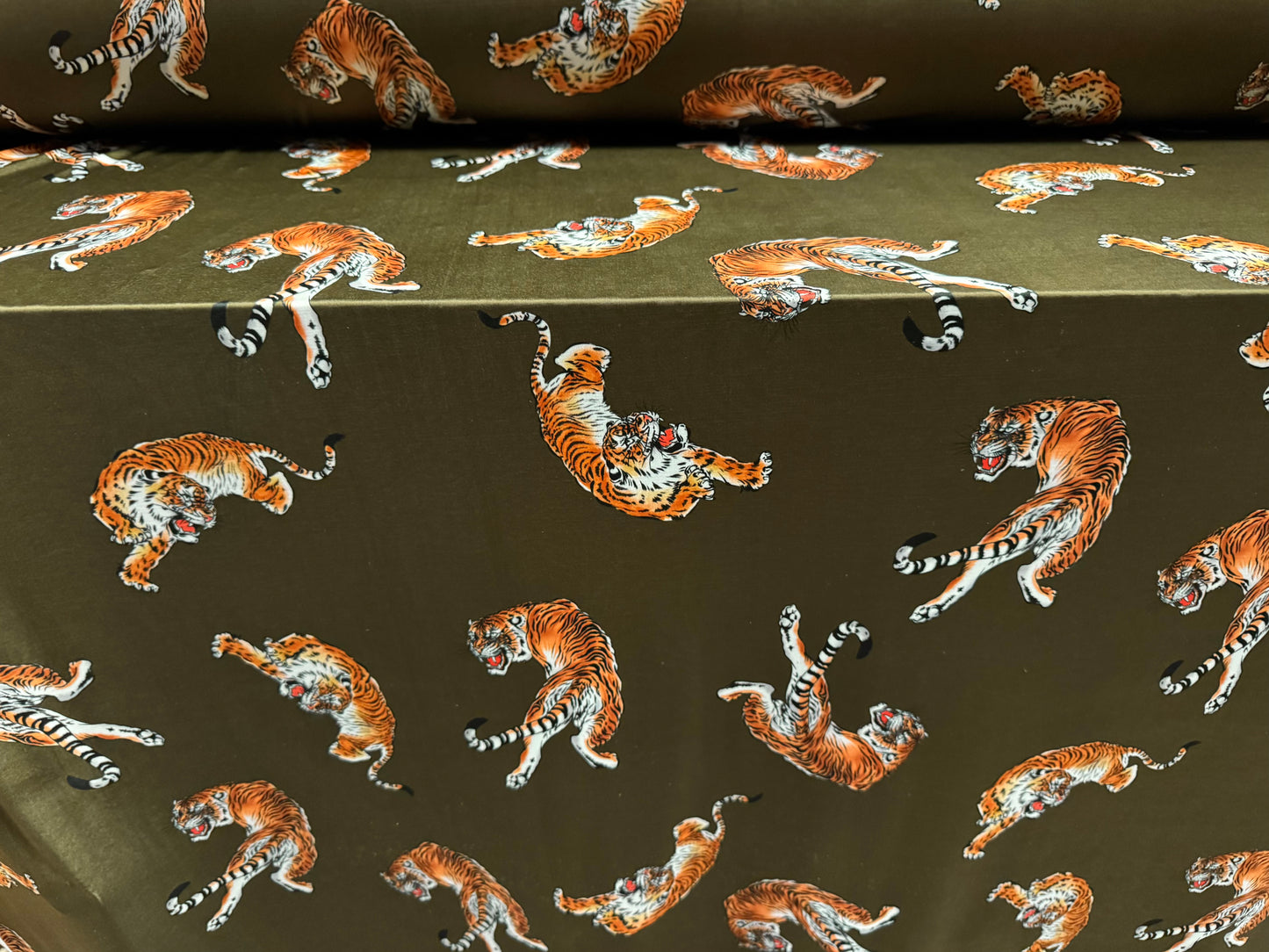 Soft touch stretch spandex single jersey fabric, per metre - tiger print - khaki & orange