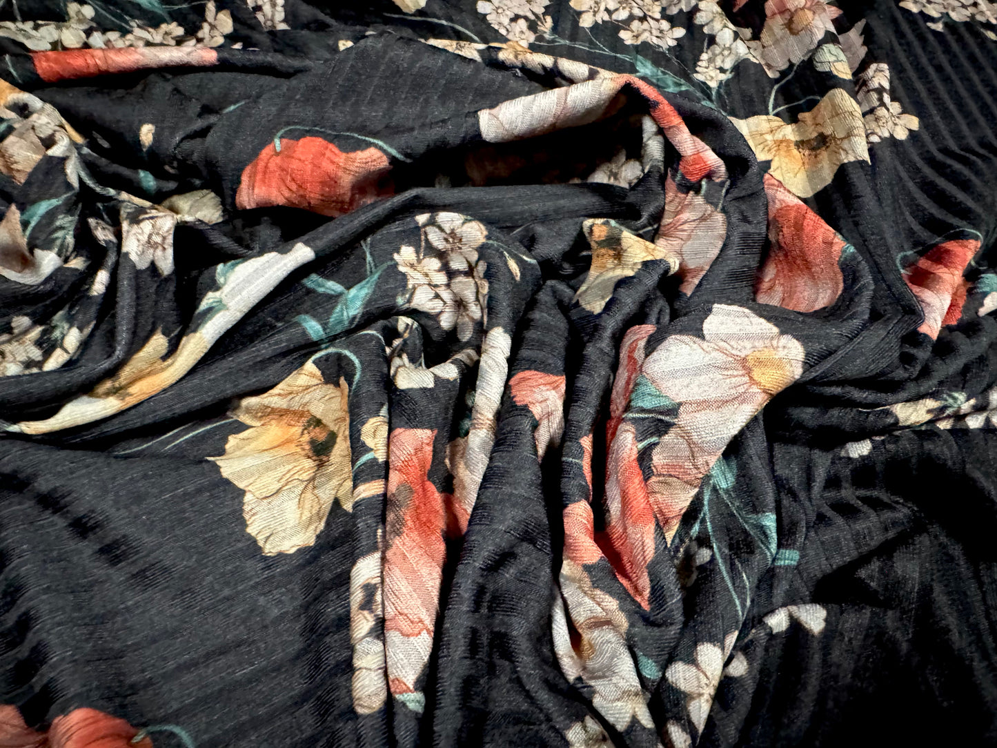 Stretch spandex rib jersey fabric, per metre - flower bouquet print - black pink & yellow