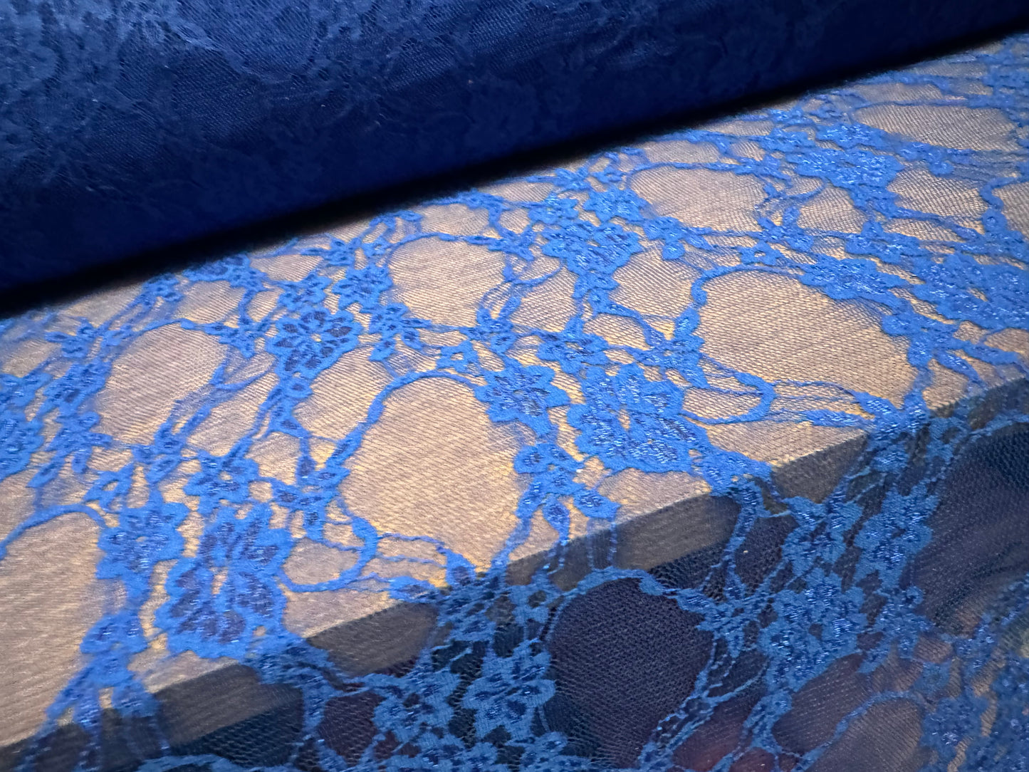 Stretch spandex mesh lace net fabric, per metre - floral pattern - electric blue
