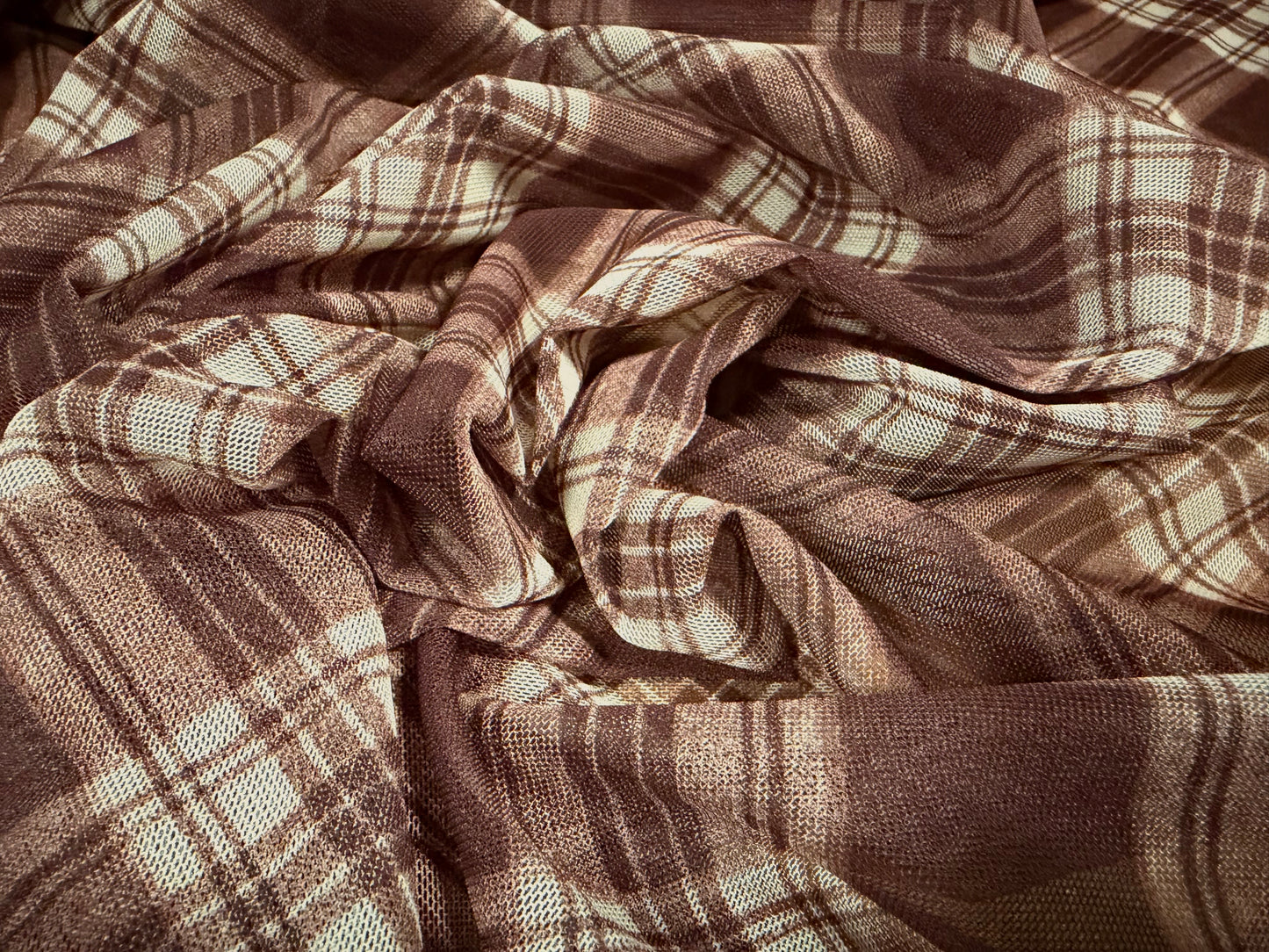 Power mesh net stretch spandex fabric, per metre - Argyle check print - chestnut brown