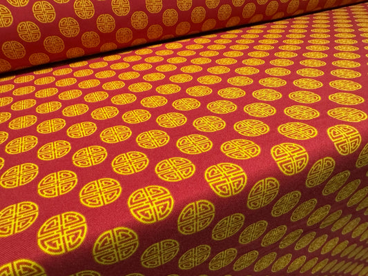 Panama woven fashion fabric, per metre - Chinese Lu Good Fortune print - dark pink & gold
