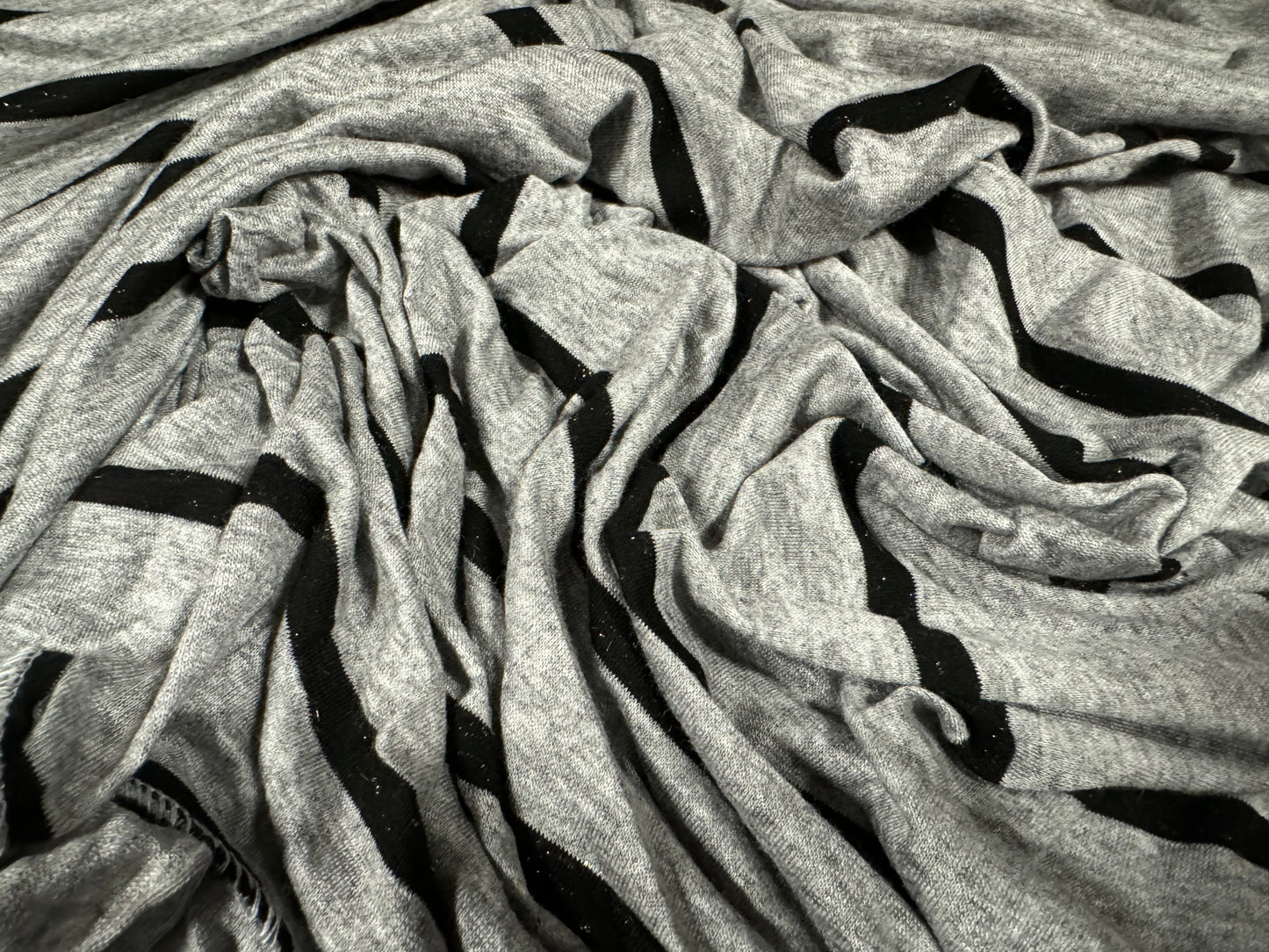Lightweight single jersey fashion fabric, per metre - metallic stripe - grey marl with black lurex