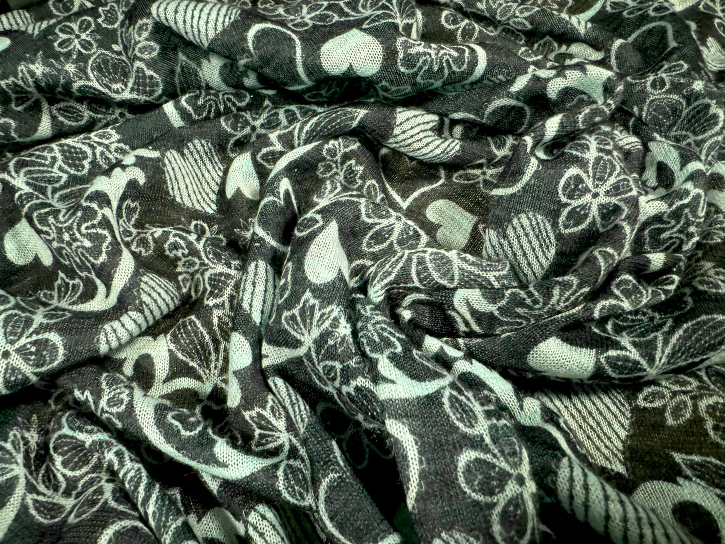 Thick & thin single jersey fashion fabric, per metre - love hearts and flowers print - aqua & black