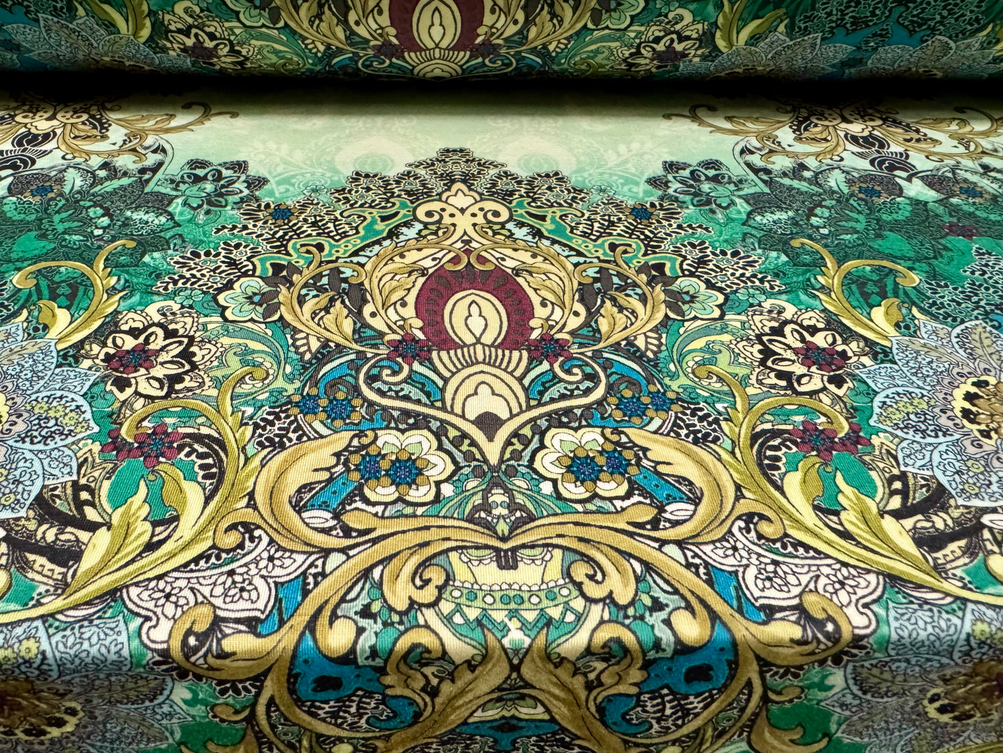 Stretch spandex interlock jersey fabric, per metre - paisley print - jade green