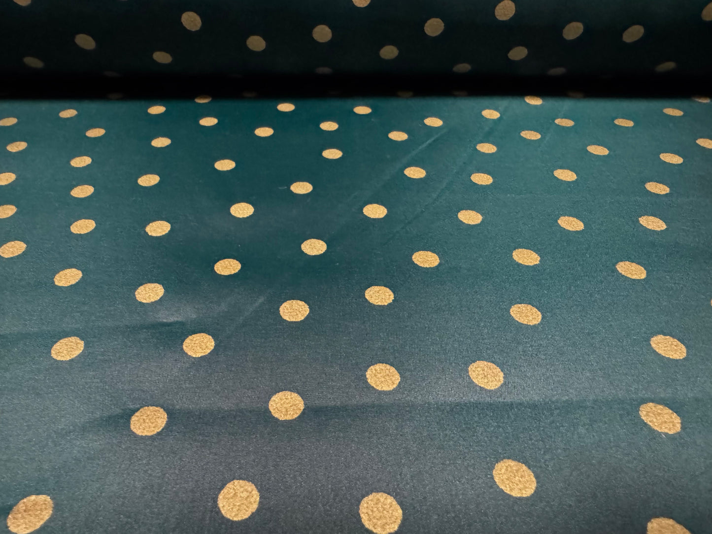 Taffeta faux silk fabric, per metre - spot print - bottle green & gold