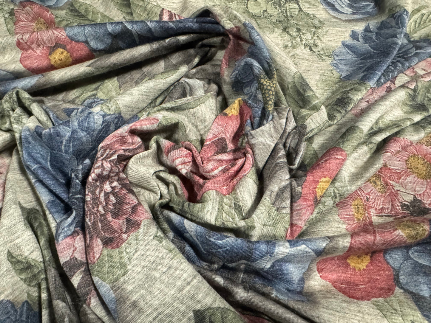 Stretch spandex melange jersey fabric, per metre - rose & dahlia flower print - blue pink & grey