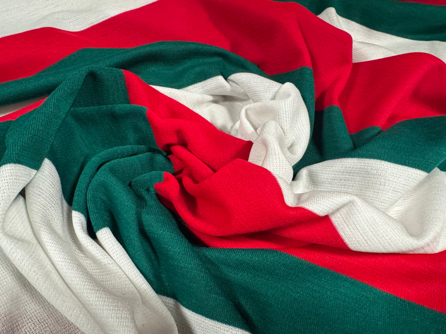 Knitwear jersey fabric, per metre - Rugby stripe - red white & green
