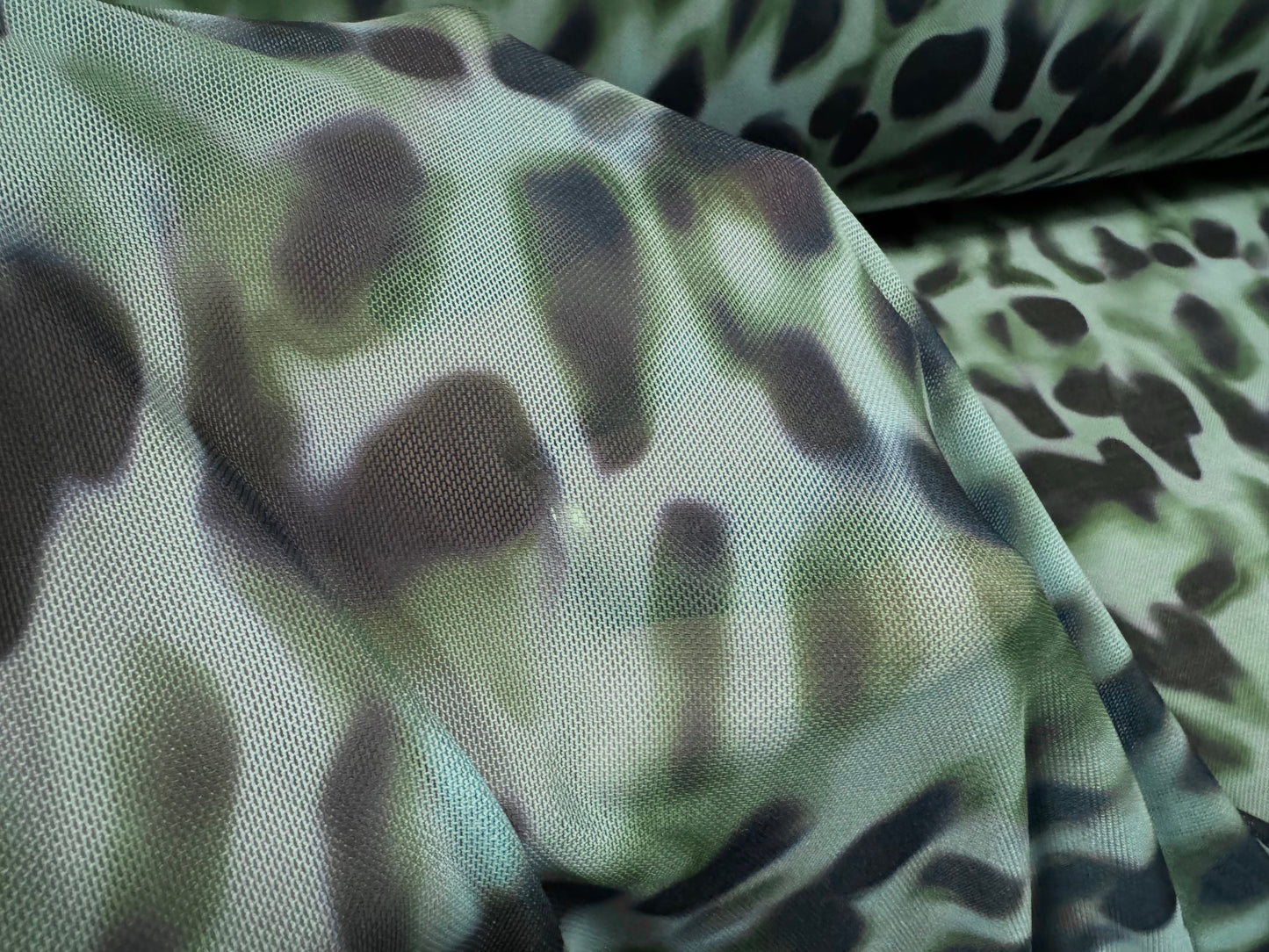 Power mesh net stretch spandex fabric, per metre - smudged leopard print - duck egg