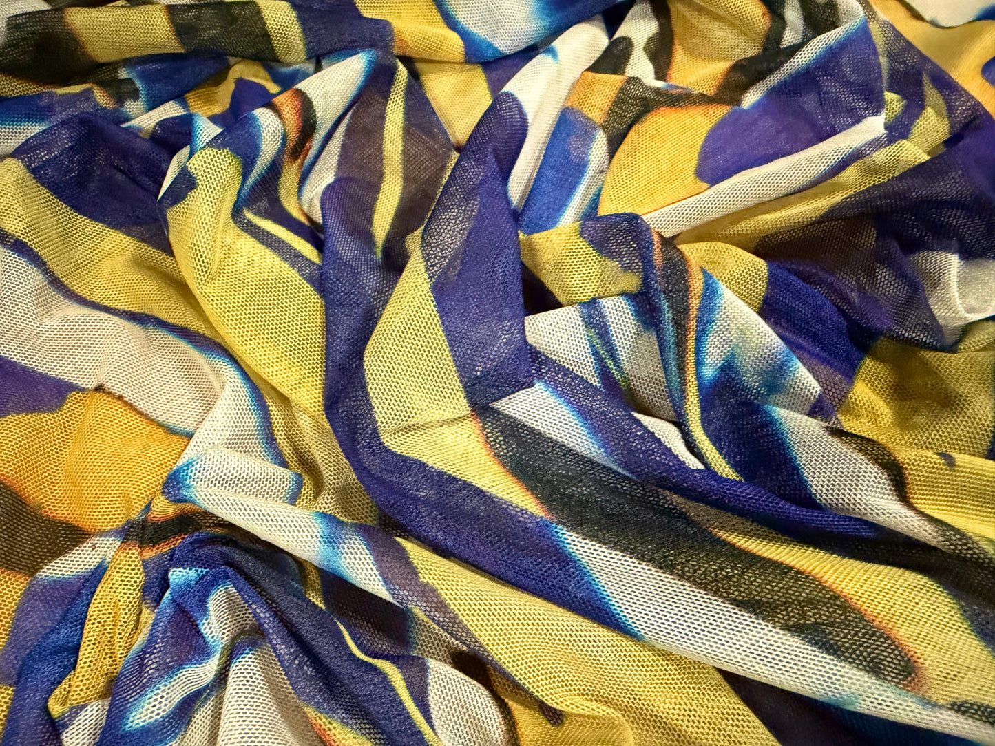Power mesh net stretch spandex fabric, per metre - distressed tiger print - cobalt blue & gold