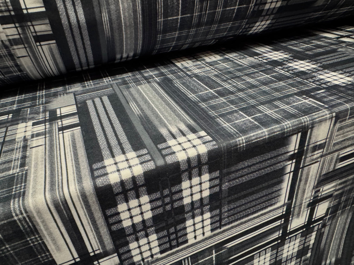 Double jersey upholstery fabric, per metre - geometric check print - grey
