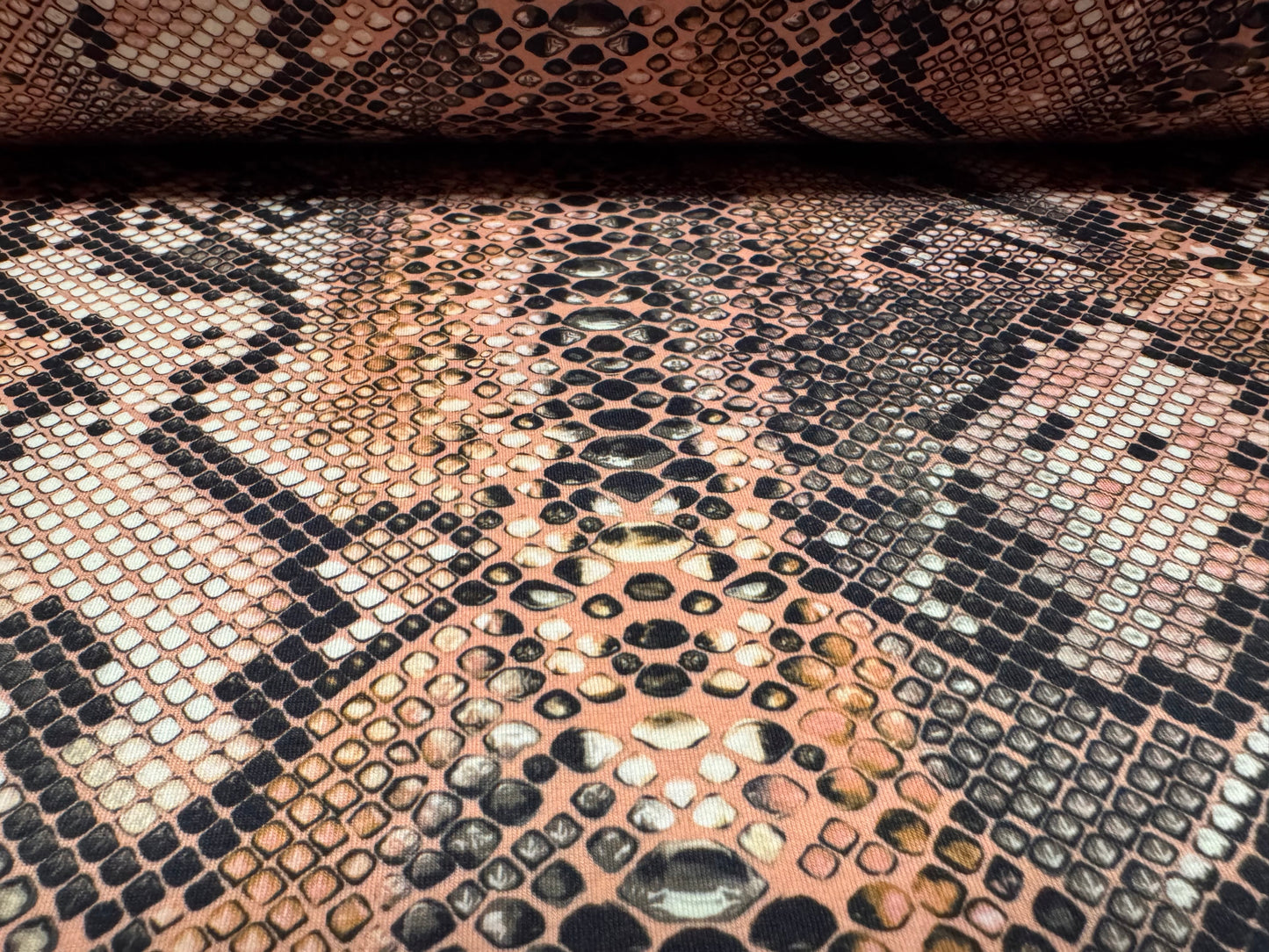 Stretch spandex interlock jersey fabric, per metre - snakeskin animal print - nude & gold