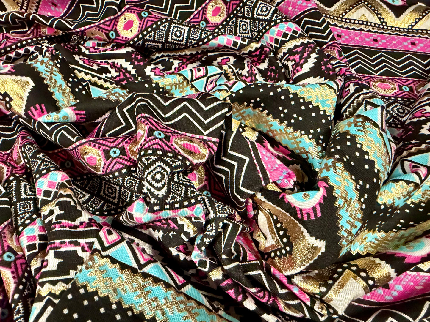 Metallic viscose spandex stretch single jersey fabric, per metre - aztec stripe print - black turquoise & gold