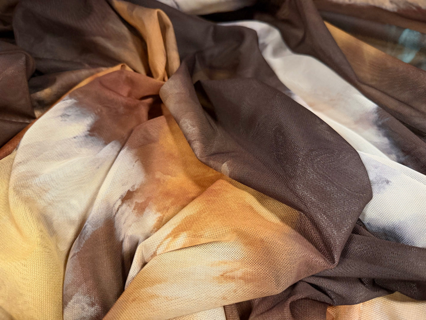 Power mesh net stretch spandex fabric, per metre - tie dye wave print - brown & mustard