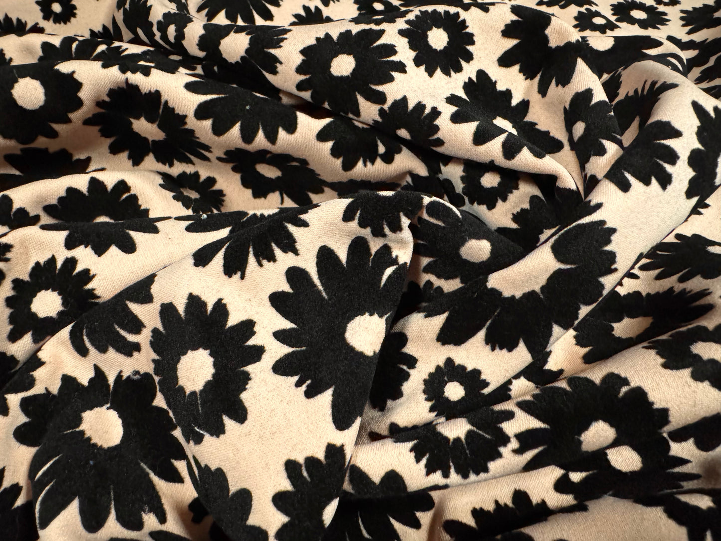 Double jersey stretch spandex fabric, per metre - Daisy flock print - Nude & black
