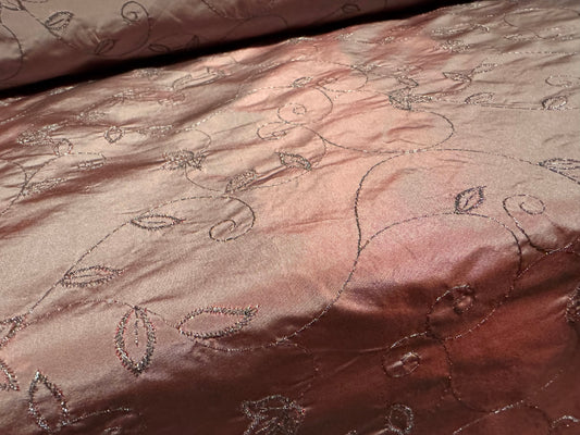 Taffeta faux silk fabric, per metre - metallic leaf embroidery - frosted mauve & silver