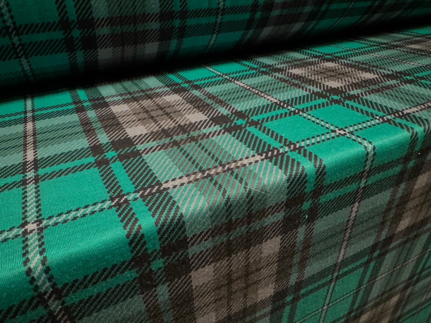 Soft handle single jersey fabric, per metre - tartan print - emerald green & grey