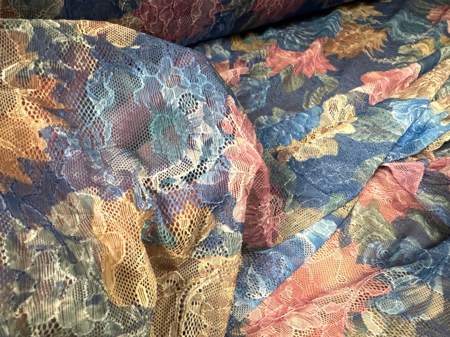 Stretch spandex lace fabric, per metre - carnation bouquet print - blue pink & beige