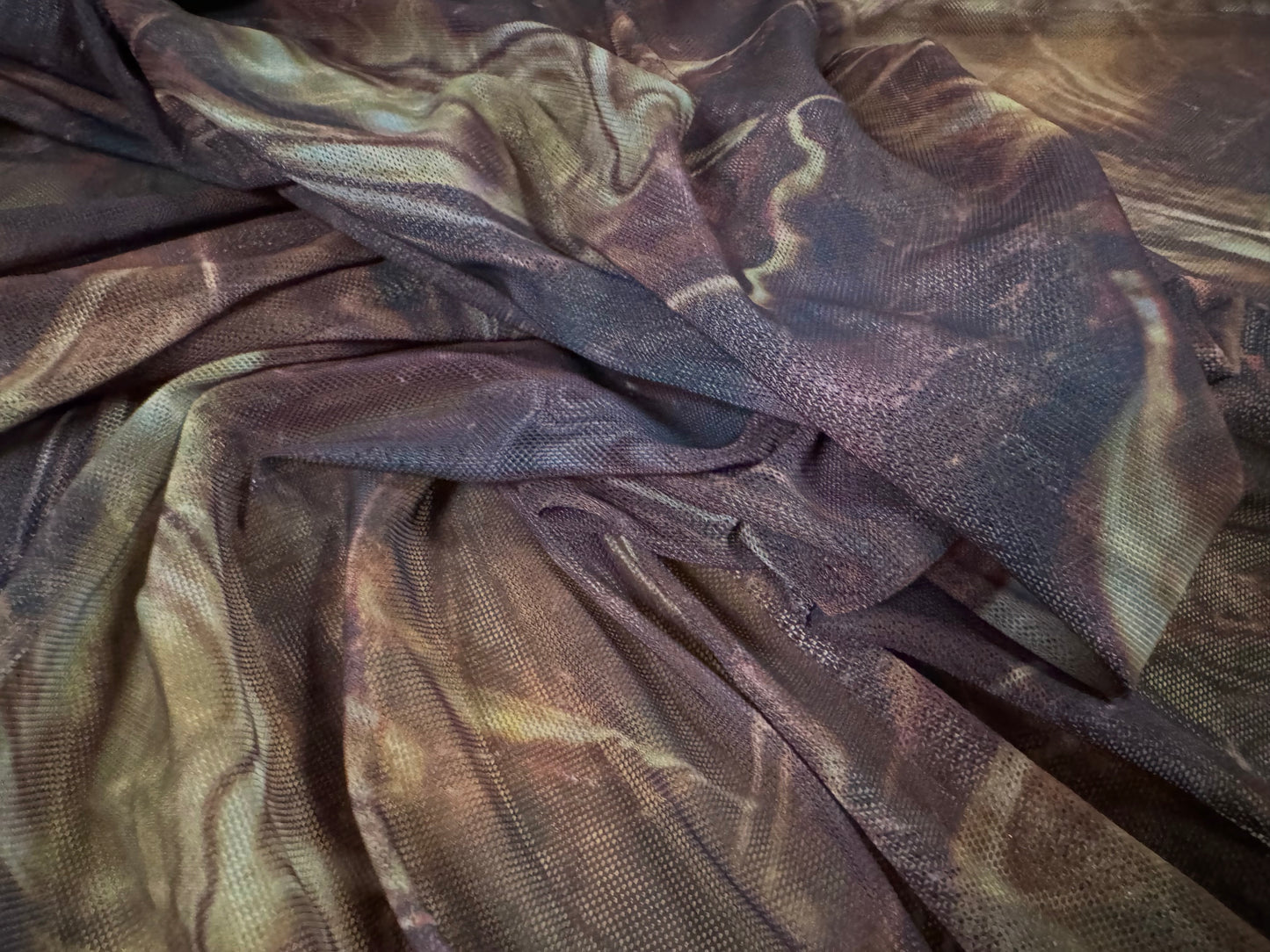 Power mesh net stretch spandex fabric, per metre - oil spill print - dark purple & tan
