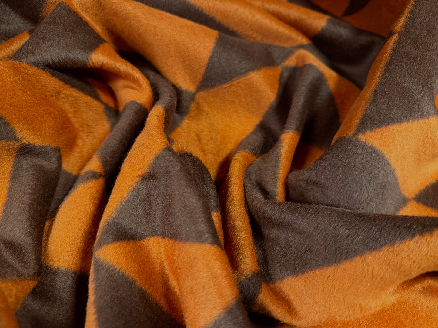 Wool faux fur fabric, per metre - geometric - burnt orange & brown