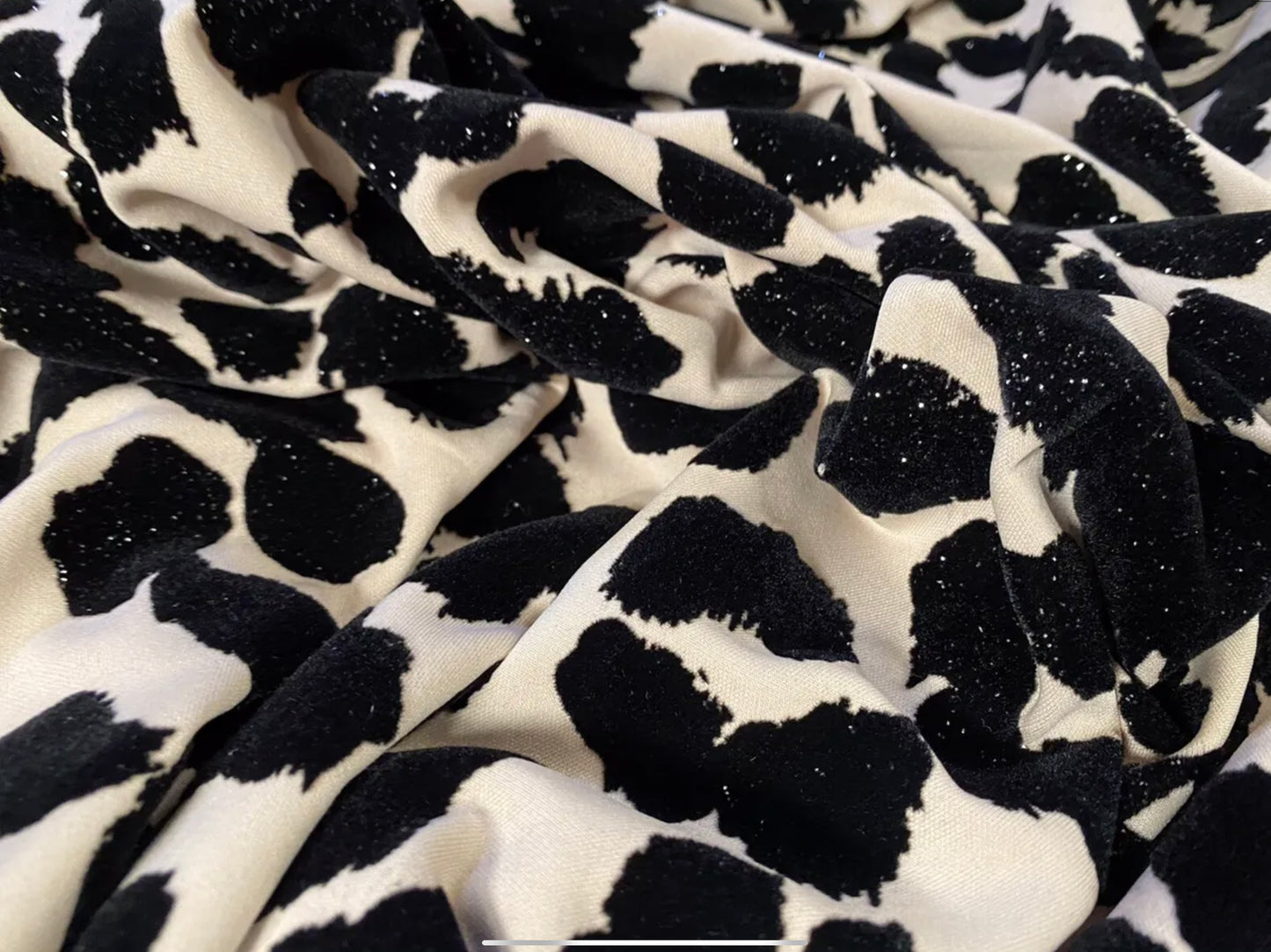 Stretch spandex double jersey fabric, per metre - cheetah animal print with glitter sparkle - stone & black
