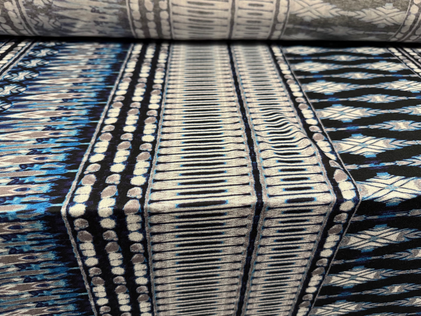 Viscose spandex stretch single jersey fabric, per metre - stylised Aztec print - petrol blue