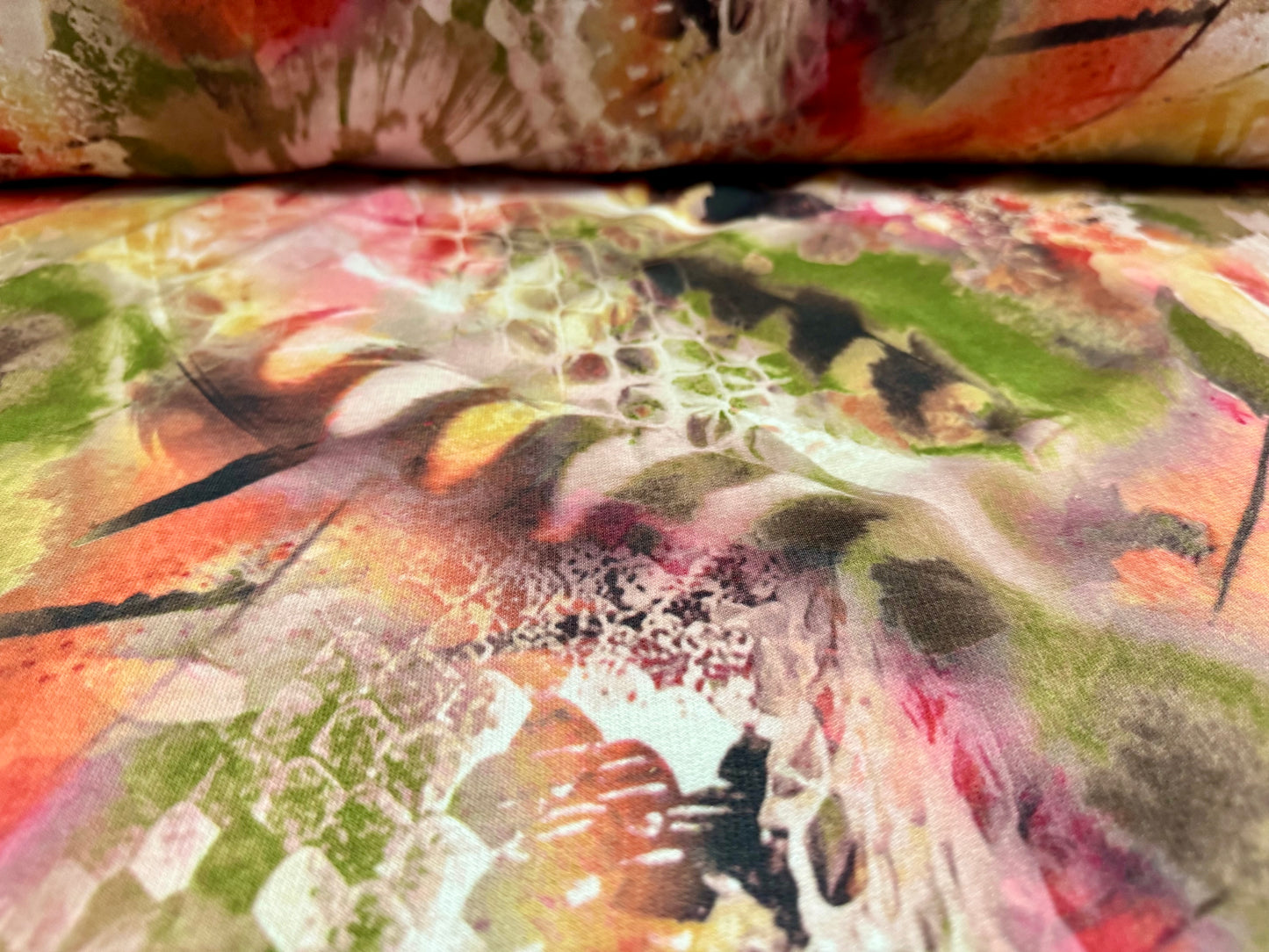 French Terry loopback sweatshirt jersey fabric, per metre - feathers and animal print - pink & green